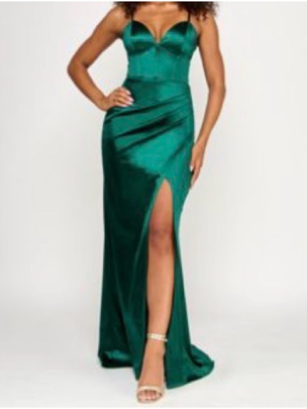 Emerald Satin Bustier Maxi Dress with Thigh Slit